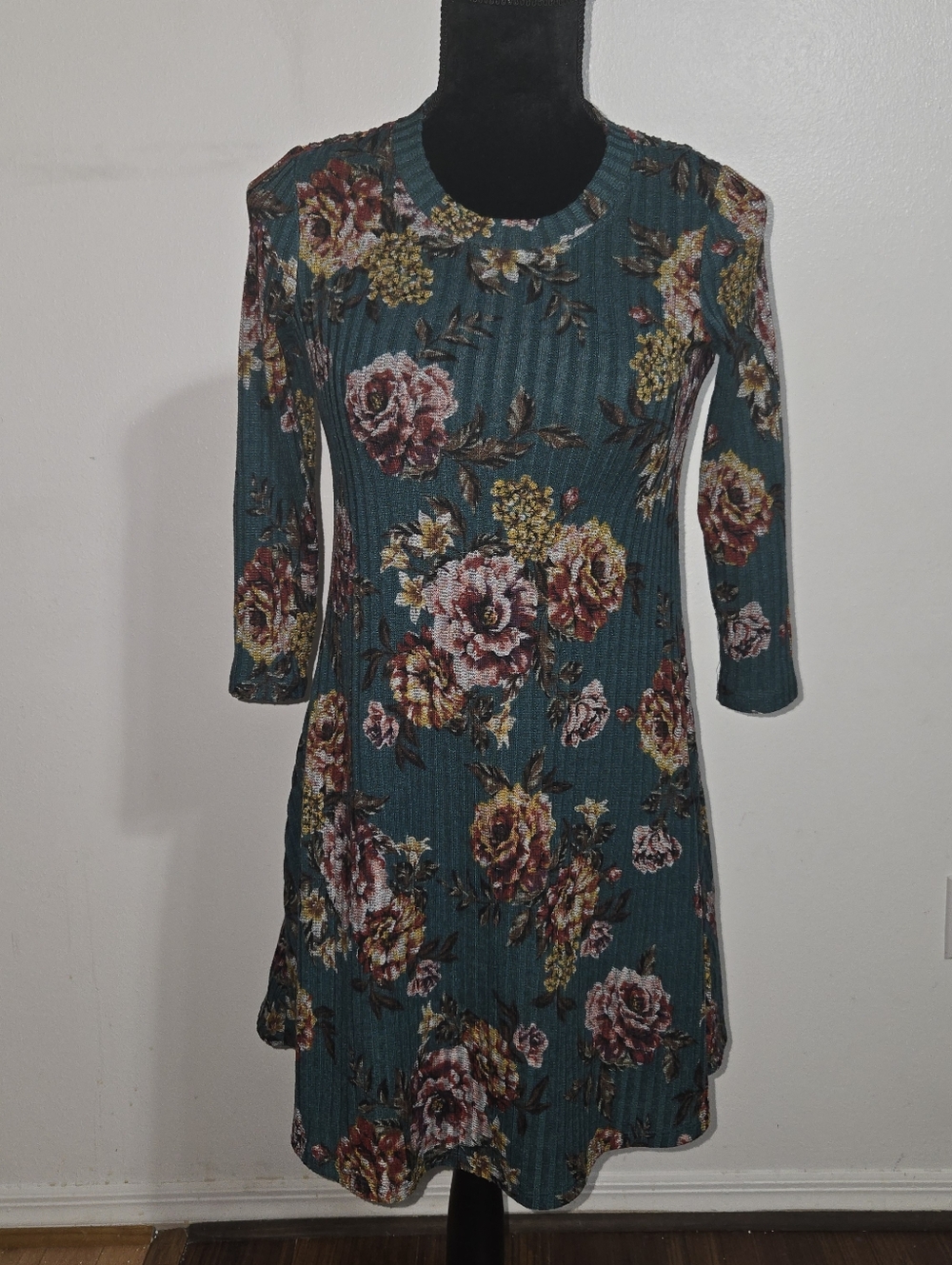 Floral Teal Ribbed A-Line Dress - Women's